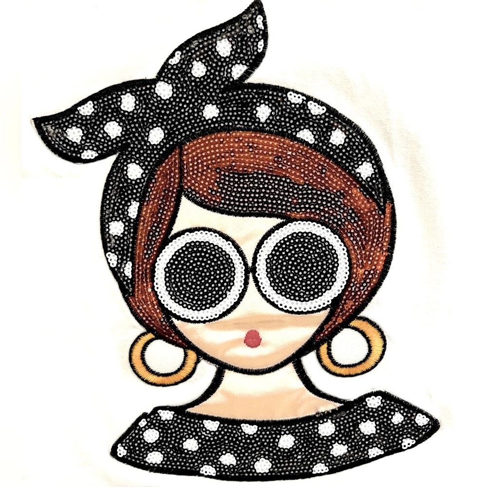 🕶️NEW Sequined Embroidered Cartoon Woman Polka-Dot High-Low Long White T-Shirt